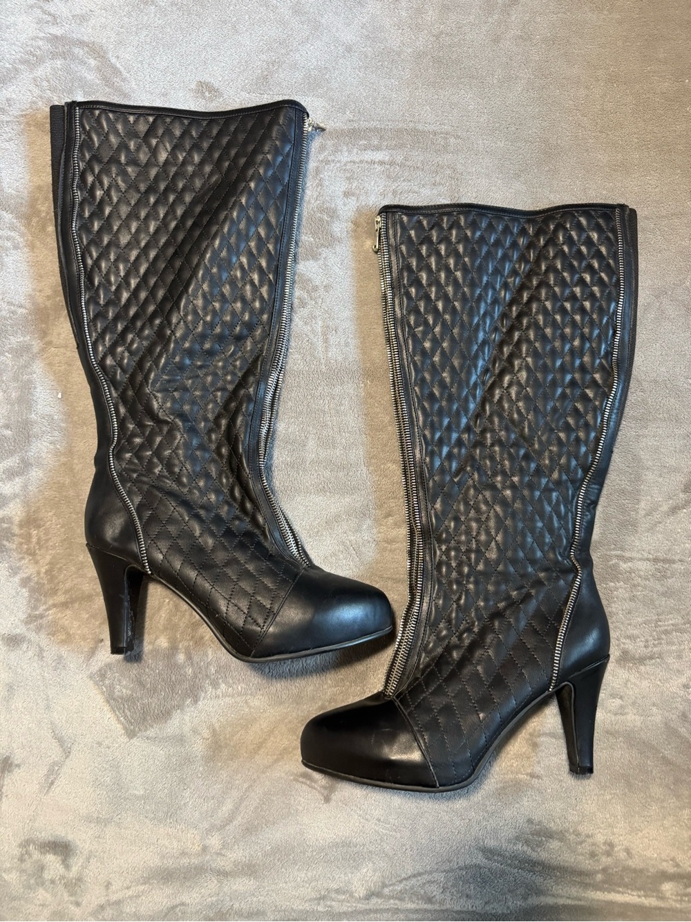 Black Quilted Wide Knee-High Heeled Boots